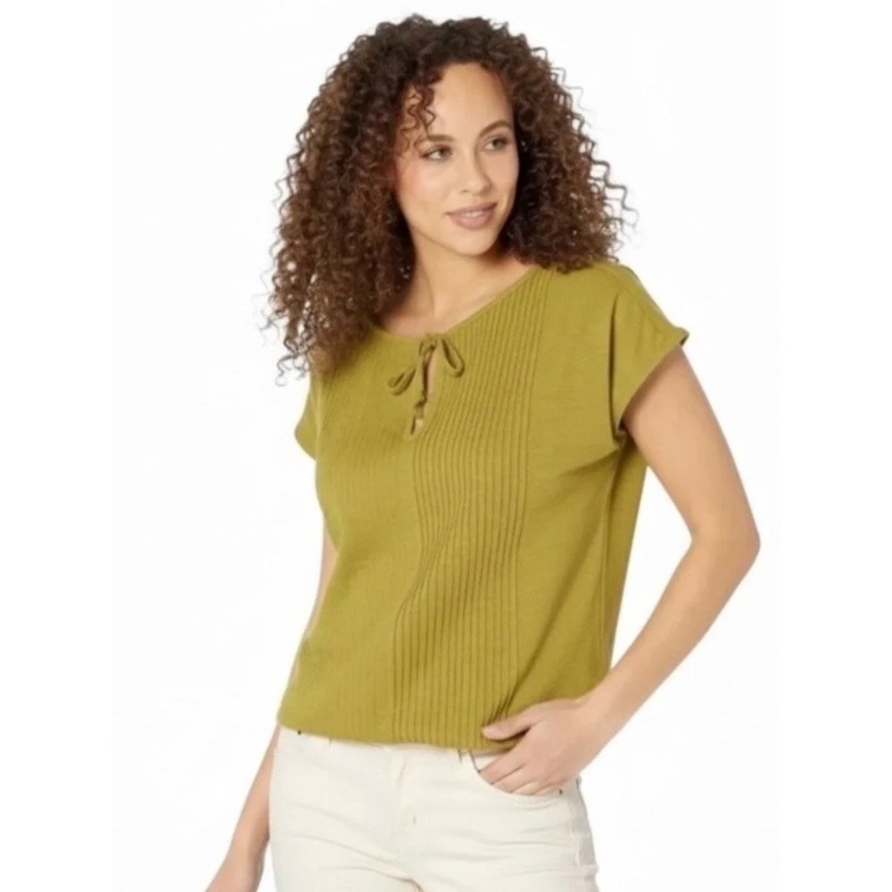 Prana Top L Green Excellent Tie Neck Pintuck Short Sleeve Slub Knit Earthcore